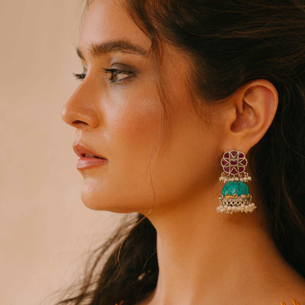 Turquoise Pink Tribal Jhumke I Earring