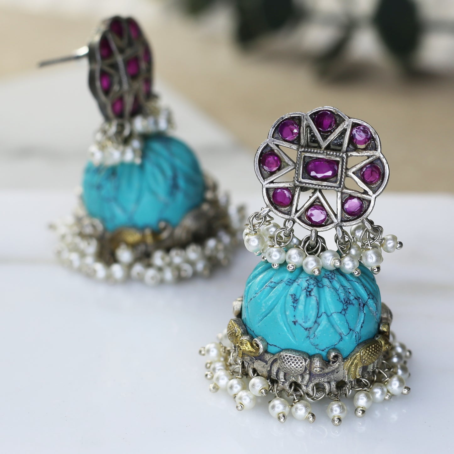 Turquoise Pink Tribal Jhumke I Earring