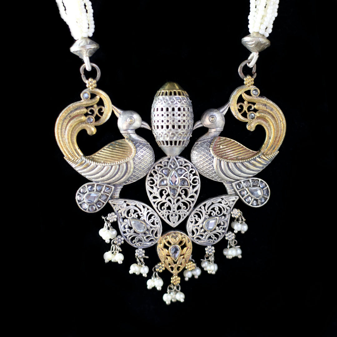Pearl White Statement Peacock Bird Mala - Rabal