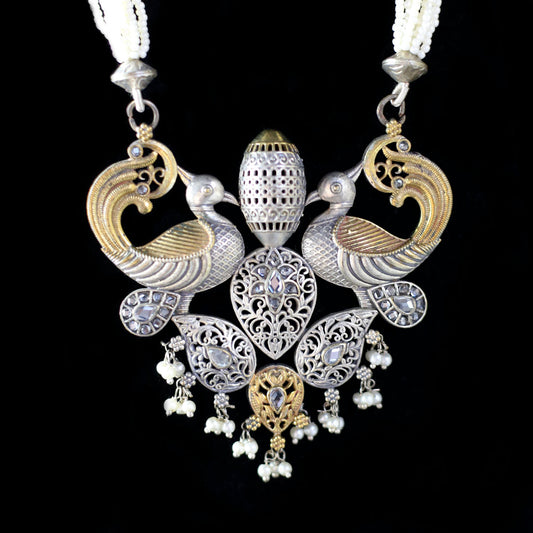 Pearl White Statement Peacock Bird Mala - Rabal