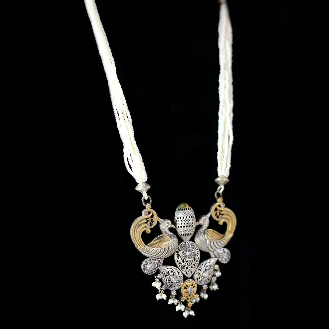 Pearl White Statement Peacock Bird Mala - Rabal