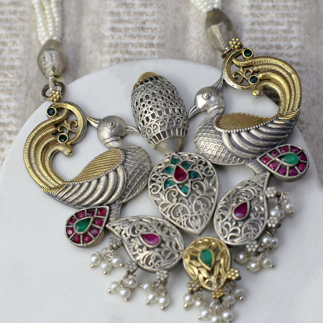Green / Ruby Statement Peacock Bird Mala - Rabal