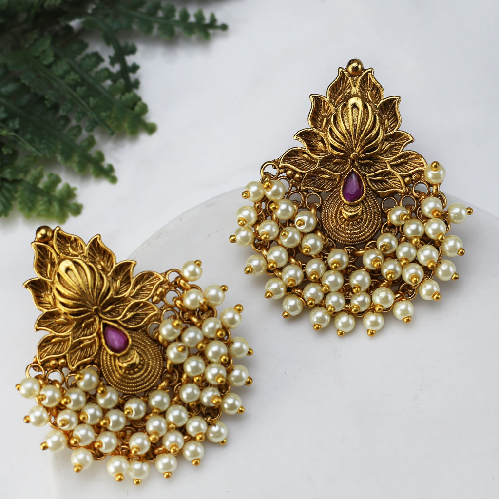 Ruby Lotus Pearl Stud Earring