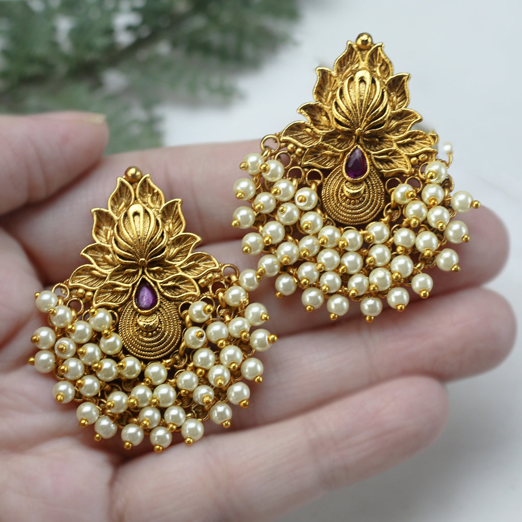 Ruby Lotus Pearl Stud Earring