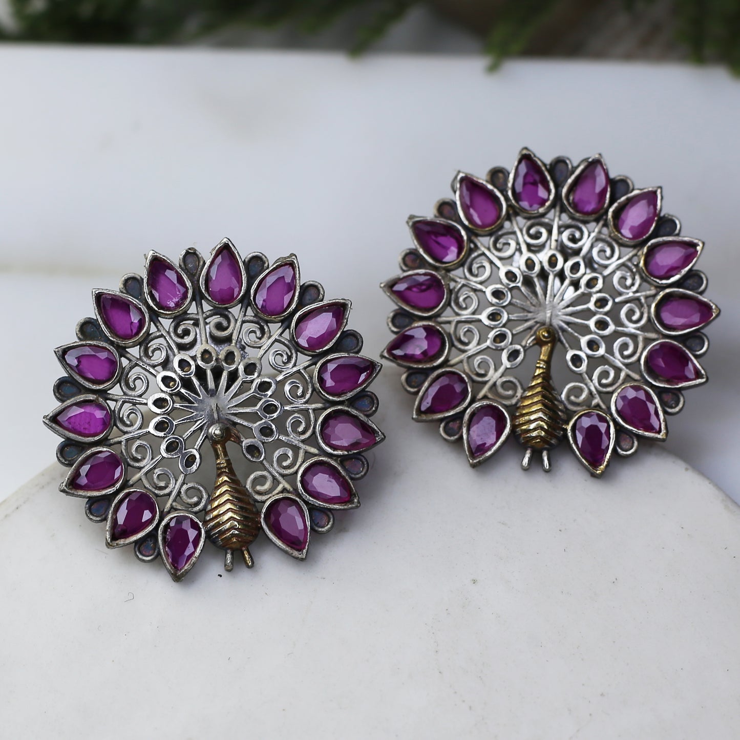 Ruby Peacock Tribal Stud Earring