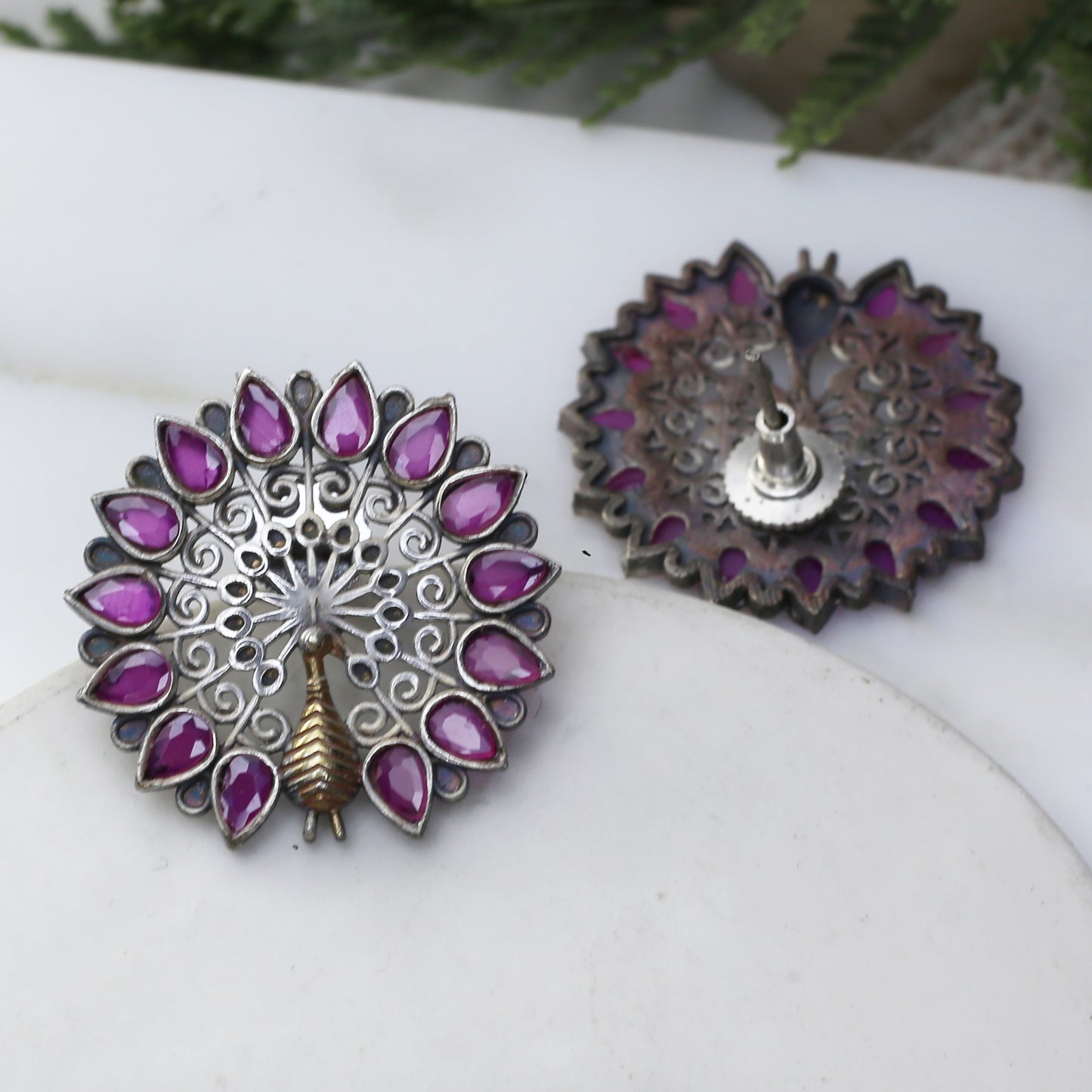 Ruby Peacock Tribal Stud Earring