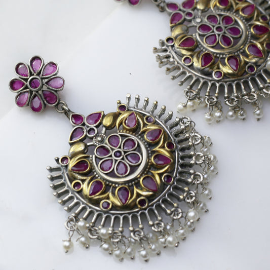 Pink Tribal Flower Drop Earring