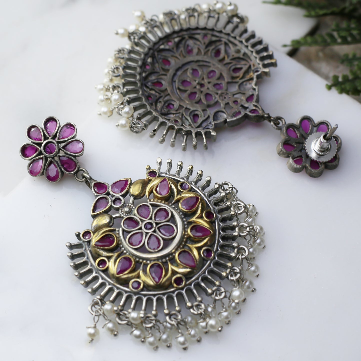 Pink Tribal Flower Drop Earring