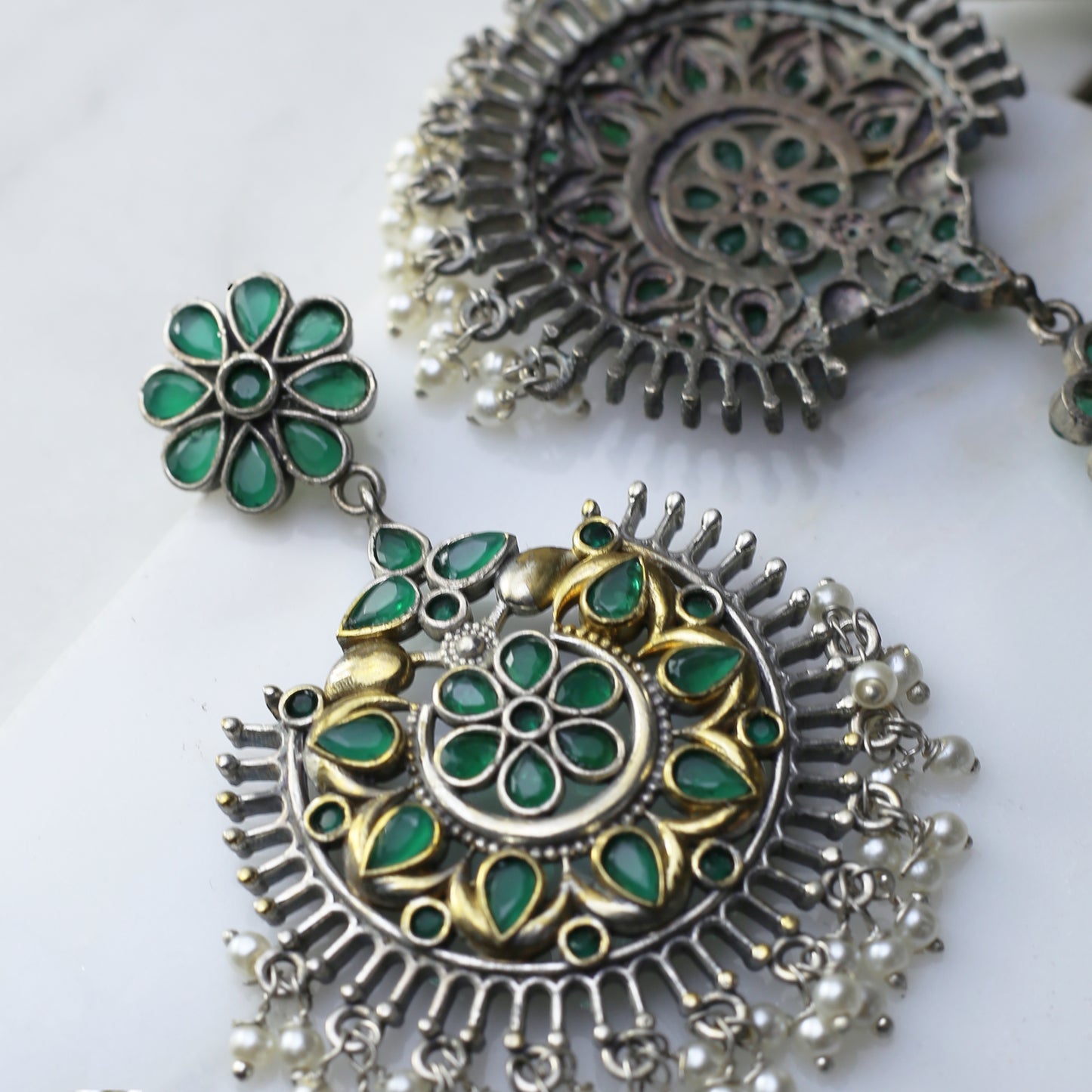 Green Tribal Flower Drop Earring