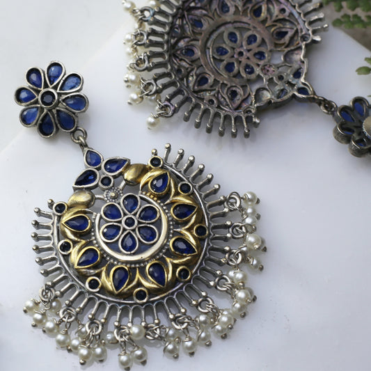 Blue Tribal Flower Drop Earring