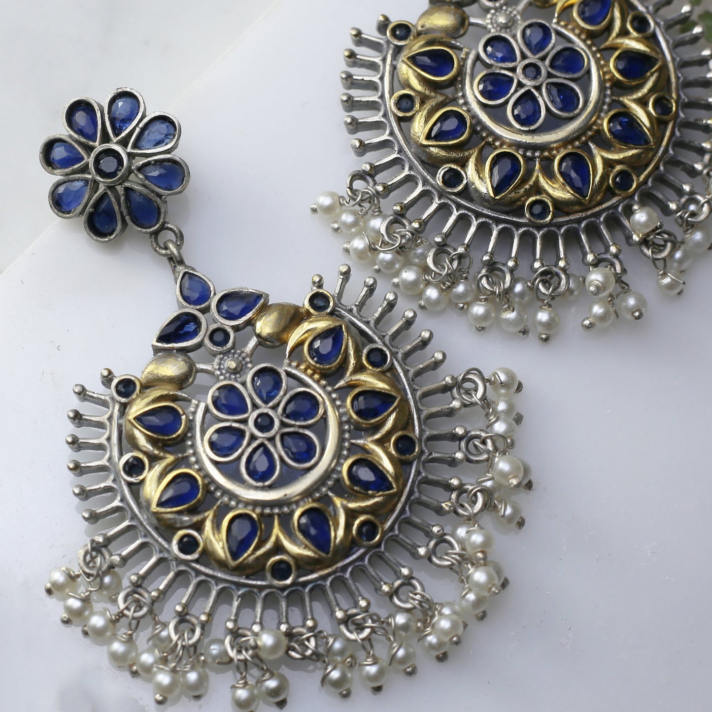 Blue Tribal Flower Drop Earring