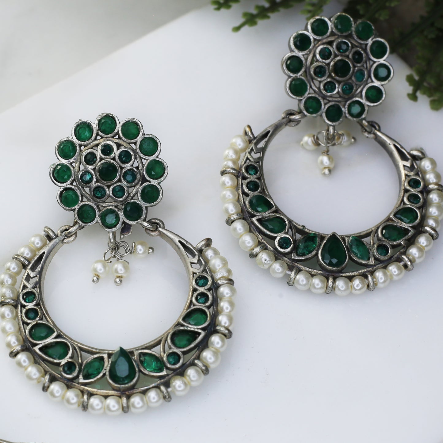 Green Tribal Chandbali Pearl Earring