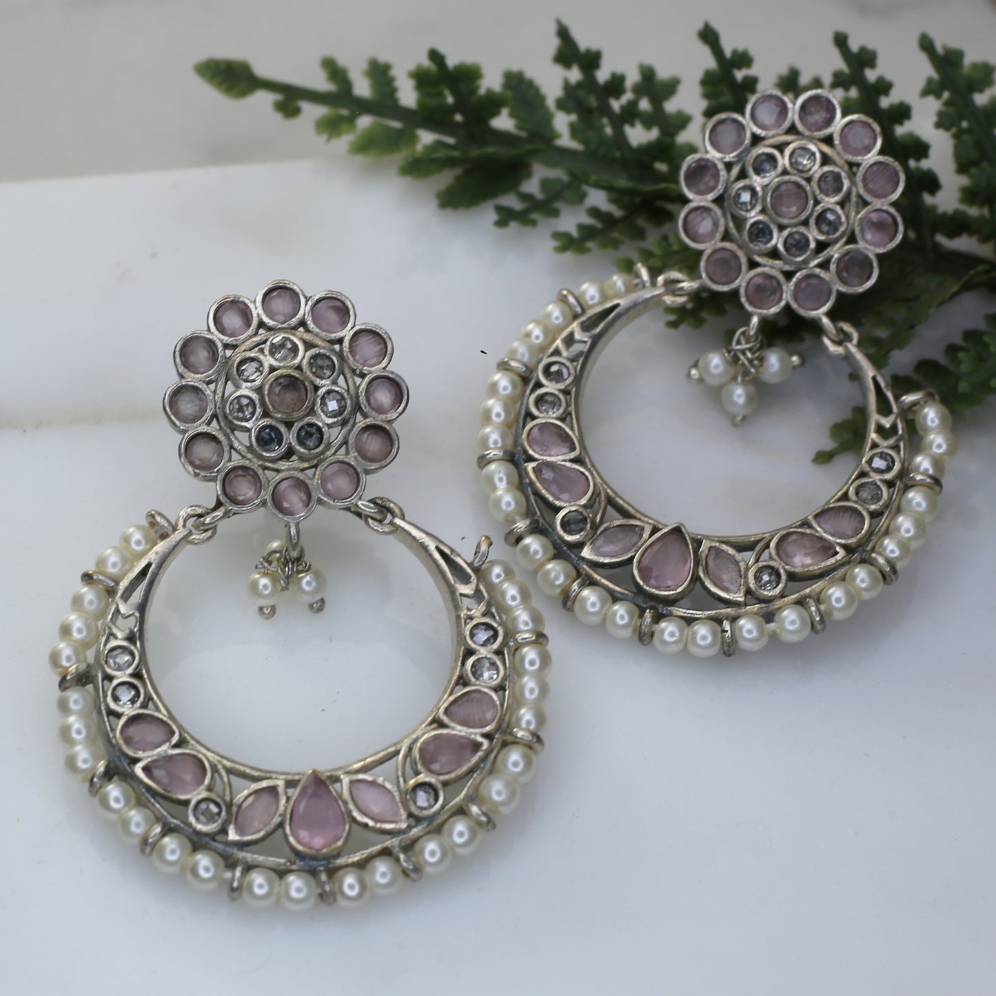 Pink Tribal Chandbali Pearl Earring