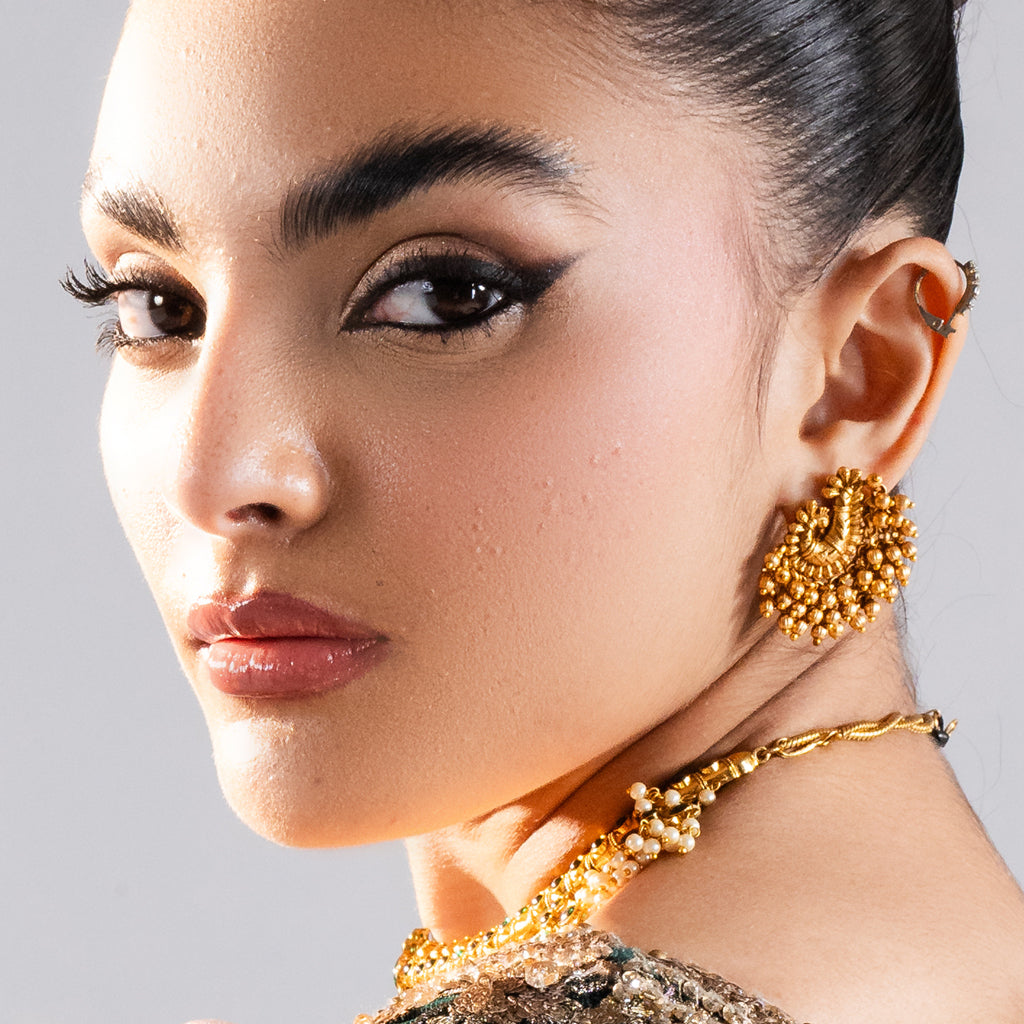 Gold Bead Peacock Stud Earring