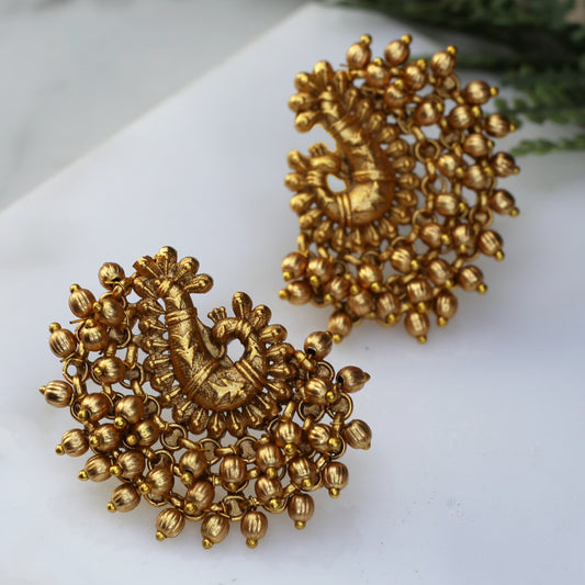 Gold Bead Peacock Stud Earring