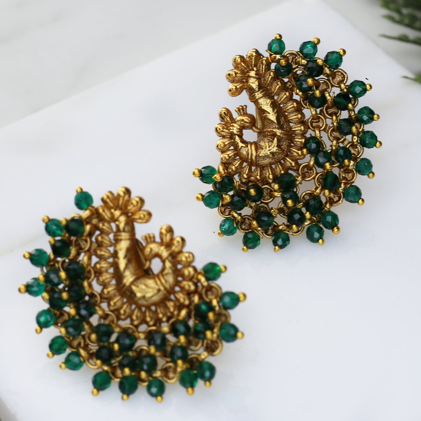 Green Bead Peacock Stud Earring