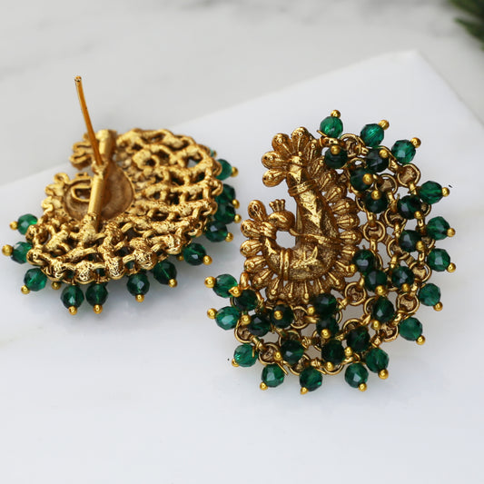 Green Bead Peacock Stud Earring