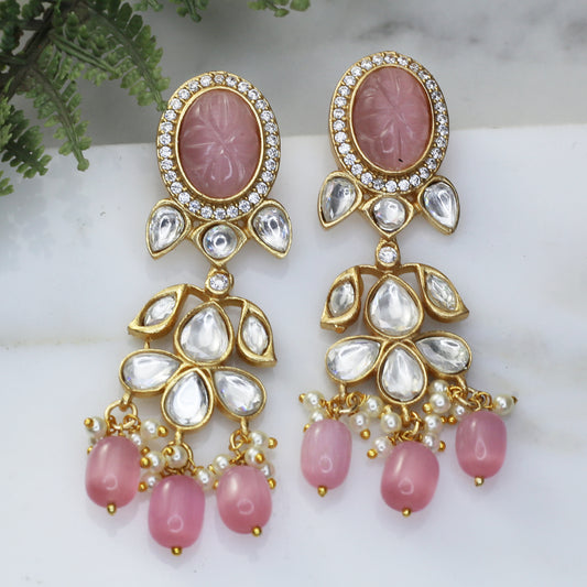 Pink Kundan Drop Earring