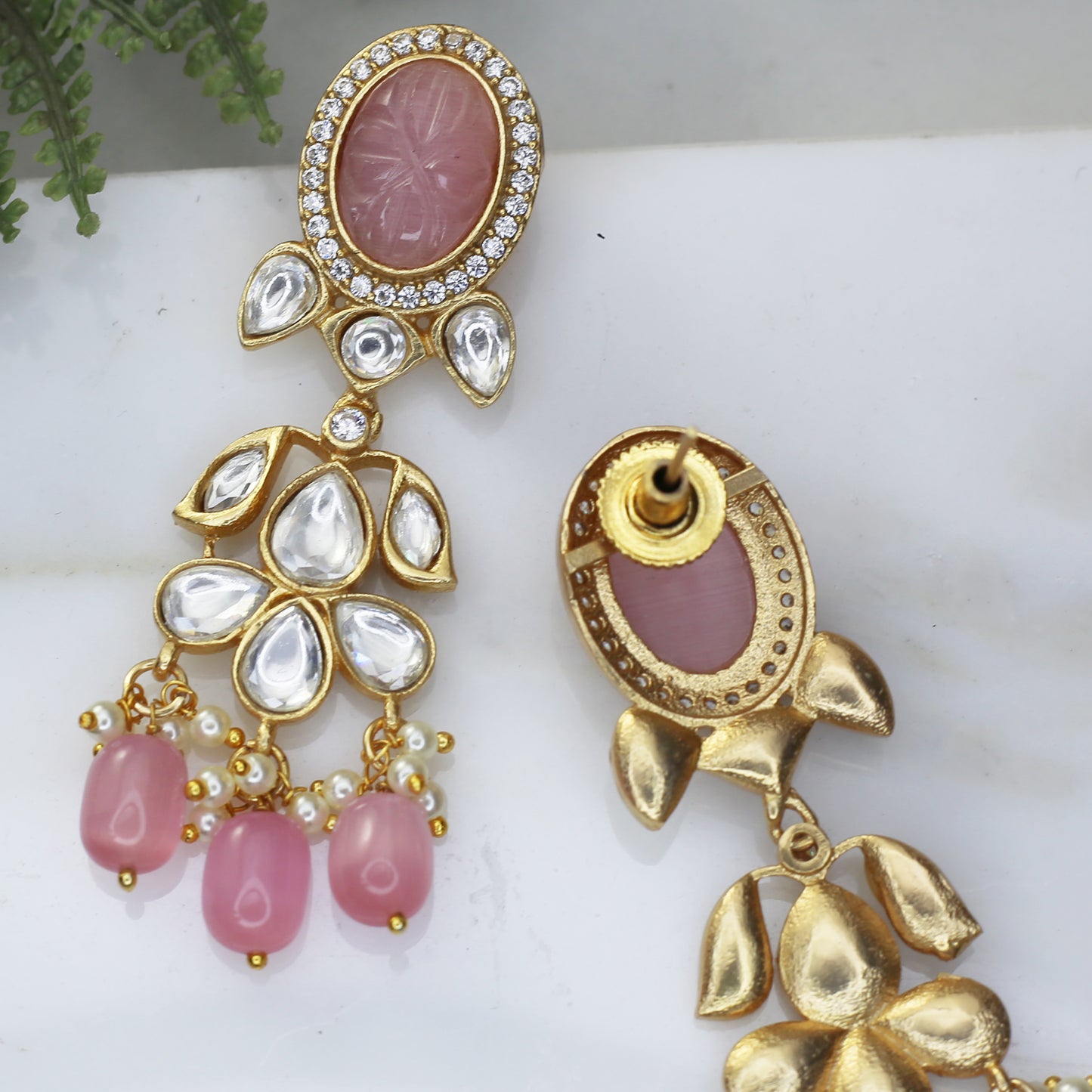 Pink Kundan Drop Earring