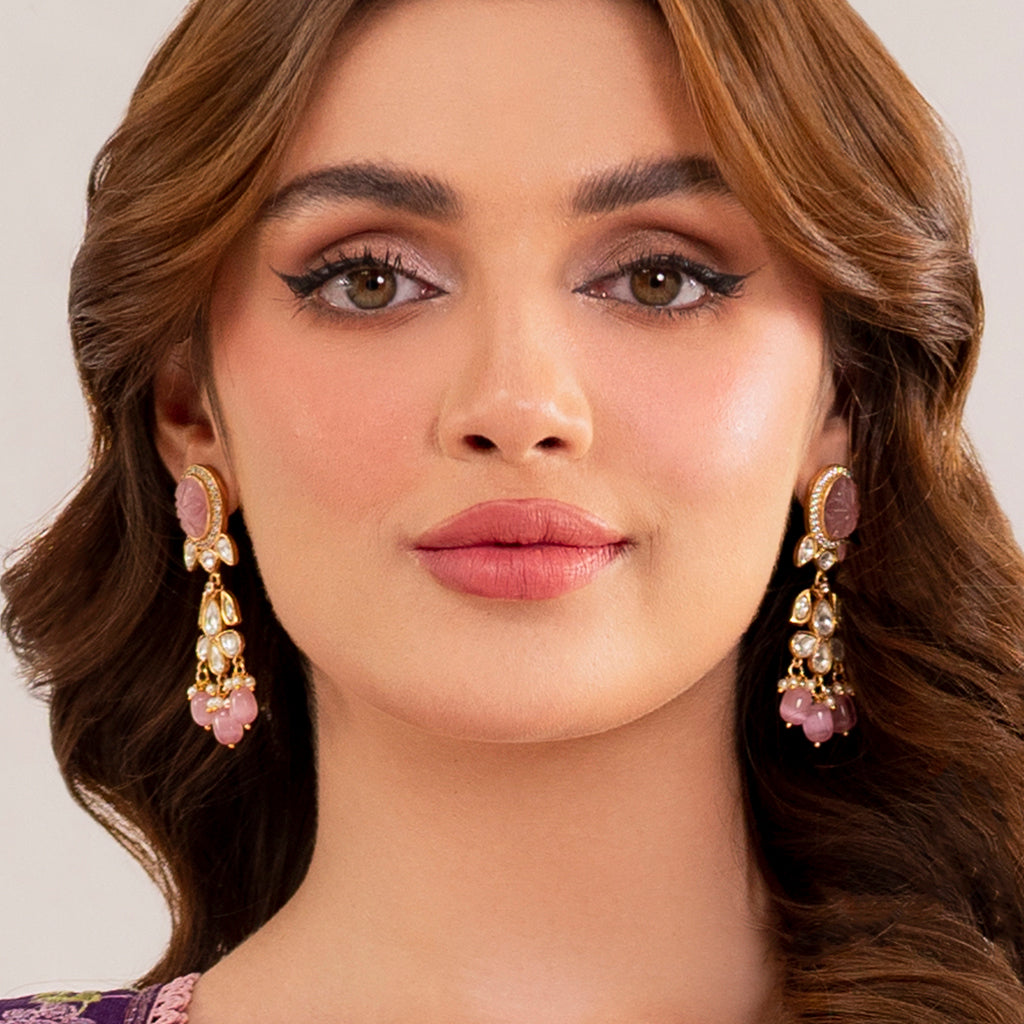 Pink Kundan Drop Earring