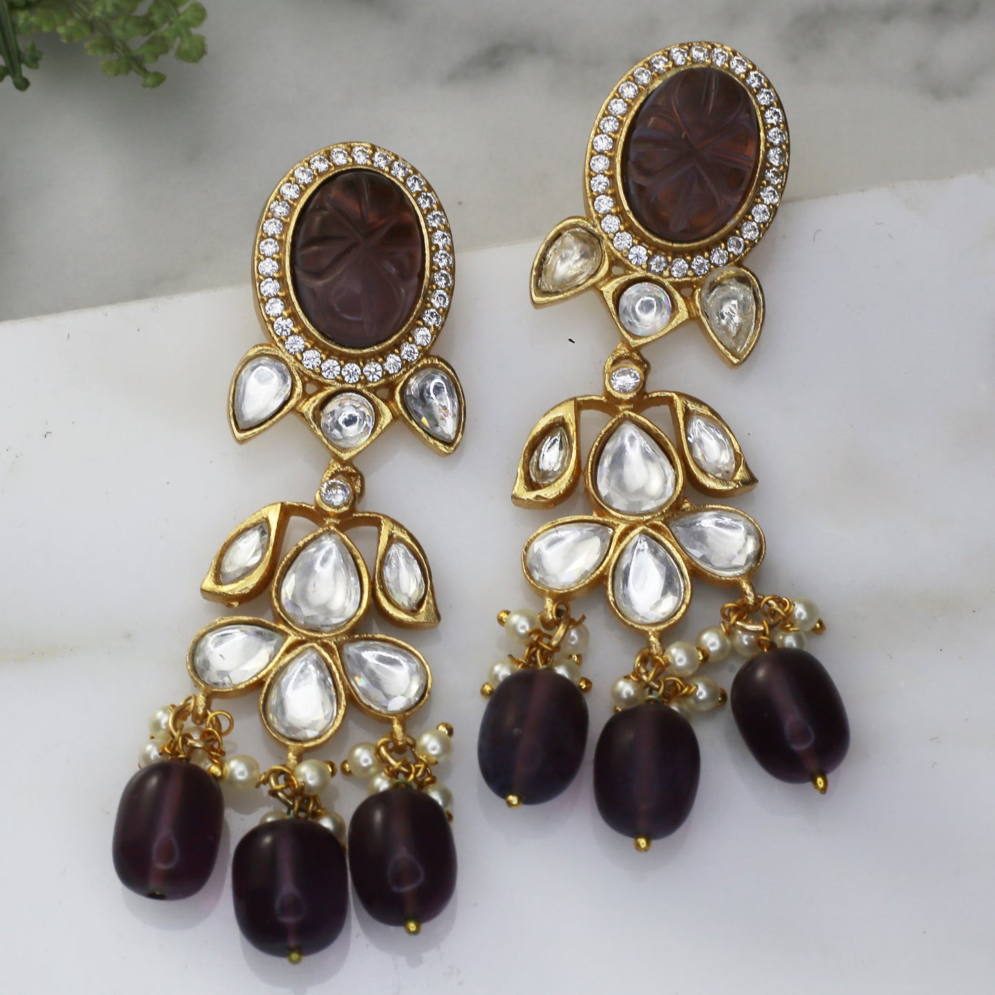 Purple Kundan Drop Earring