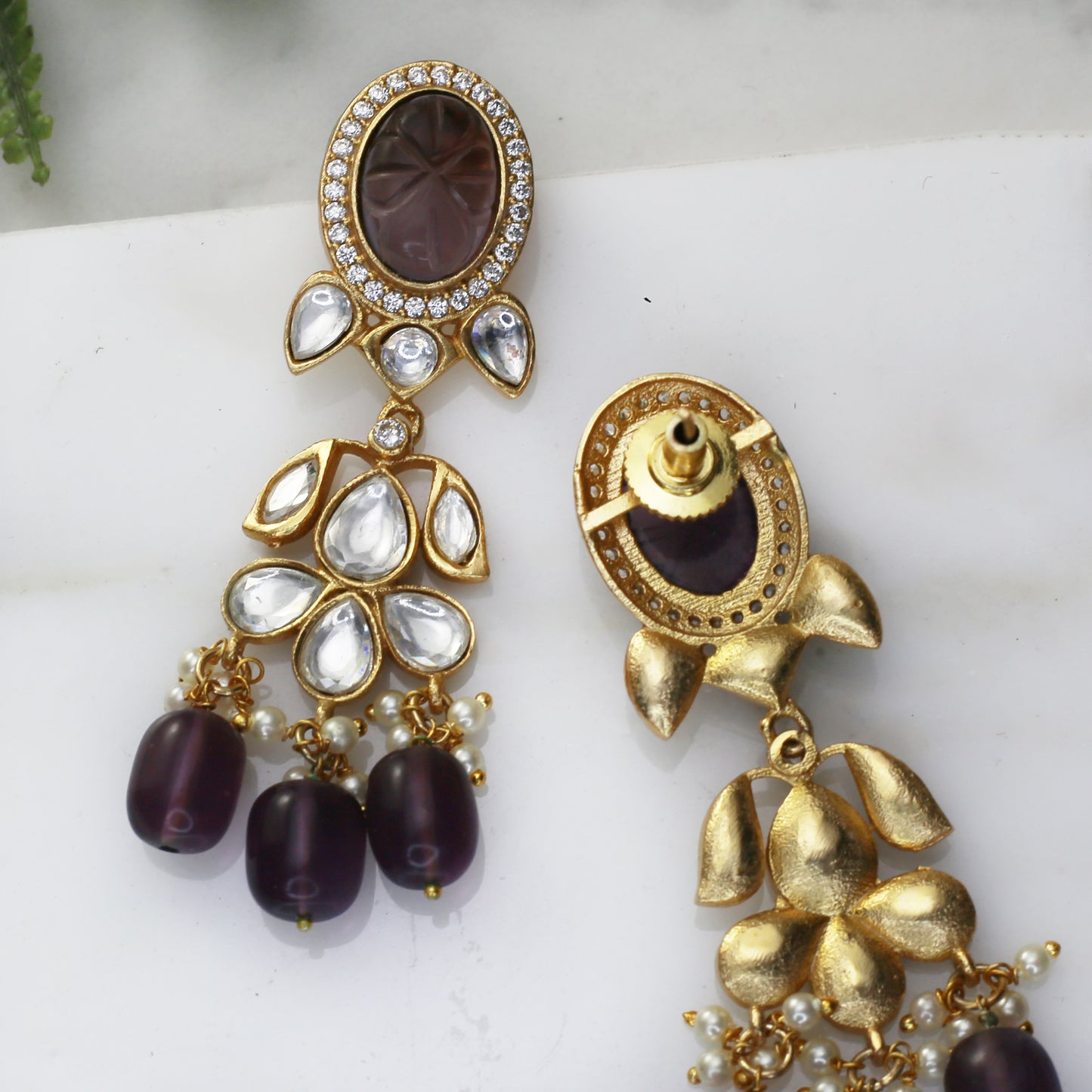 Purple Kundan Drop Earring