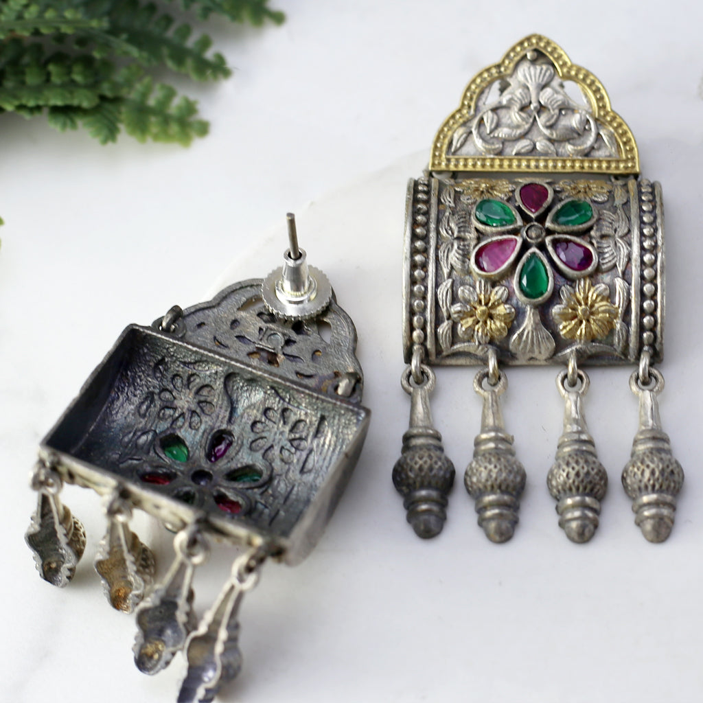 Ruby / Green Tribal Square Drop Earring