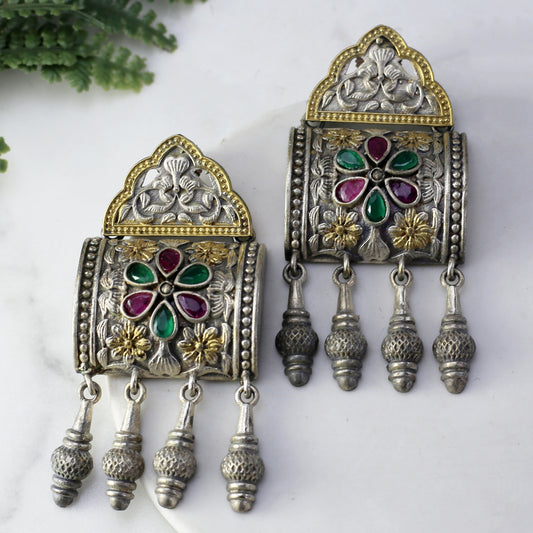 Ruby / Green Tribal Square Drop Earring