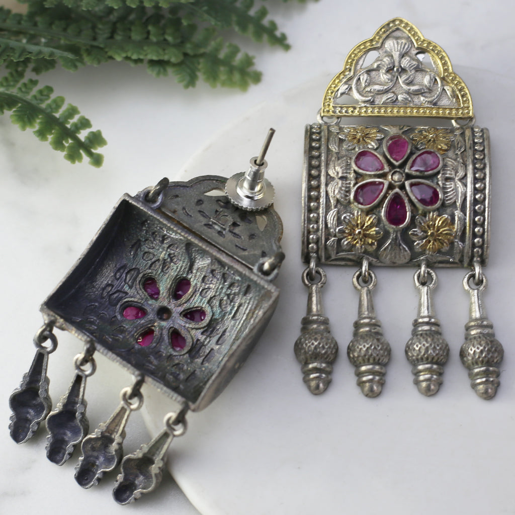 Ruby Tribal Square Drop Earring