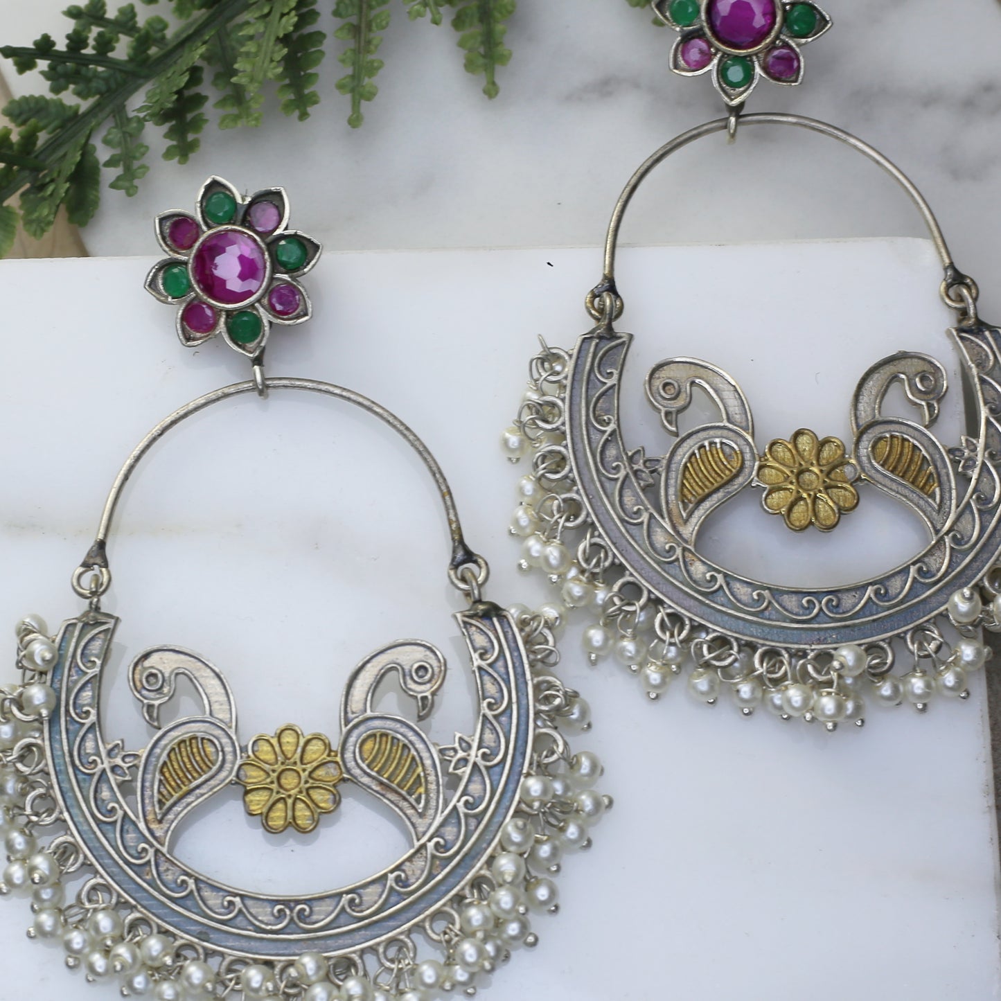 Ruby / Green Tribal Bird Chandbali Earring