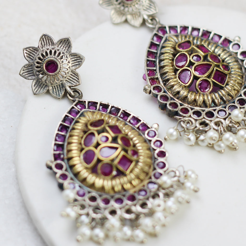 Floral Ruby Statement Tribal Drop Earring