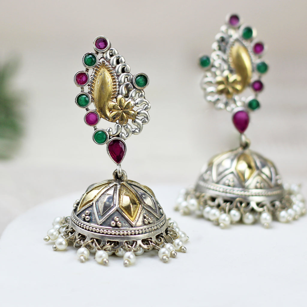 Ruby / Green Tribal Geometric Jhumke I Earring