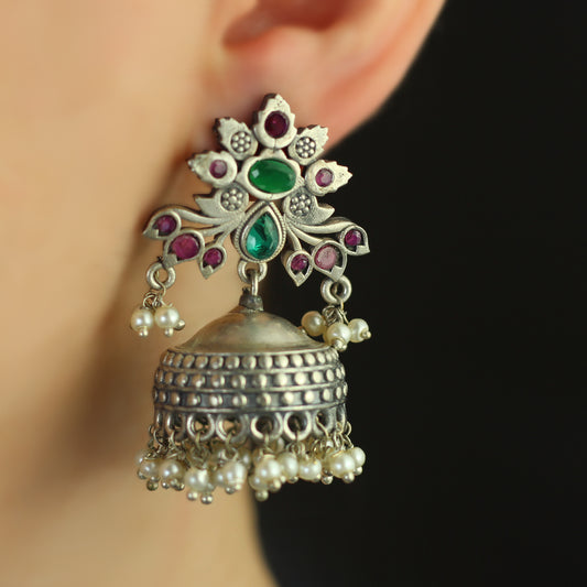 Floral Tribal Ruby / Green Jhumke
