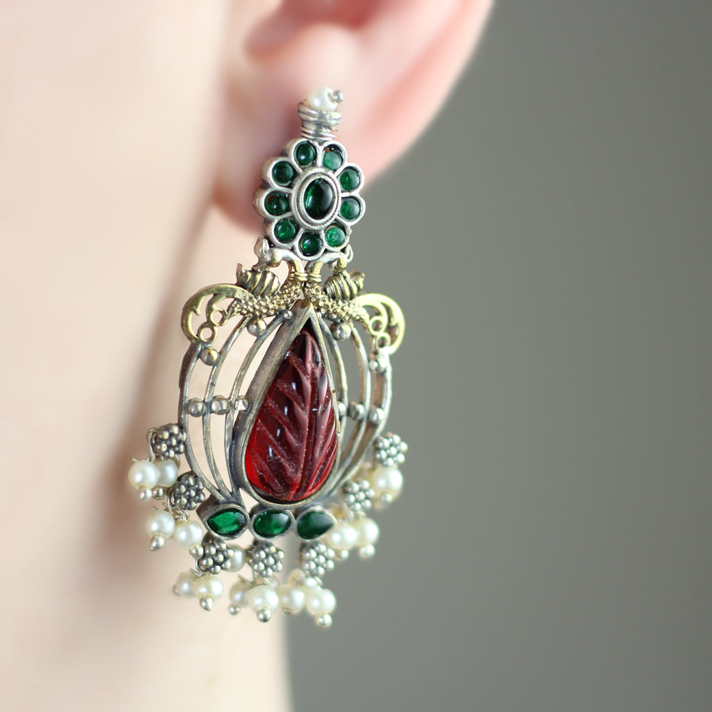 Statement Ruby / Green Carved Tribal Earring