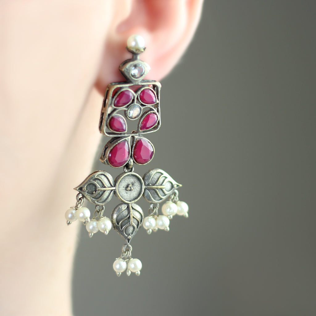 Dark Pink Tribal Flower Drop Earring