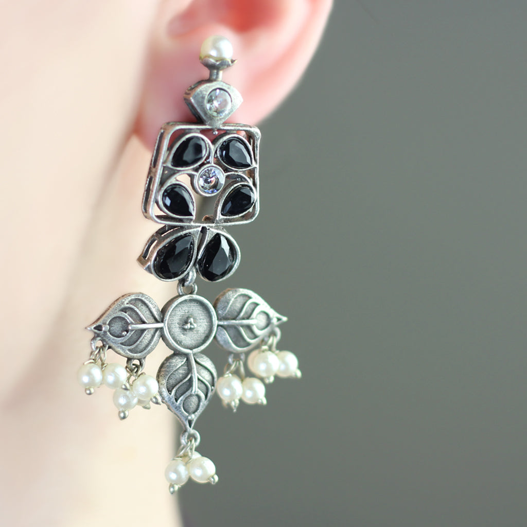 Tribal Black Flower Drop Earring