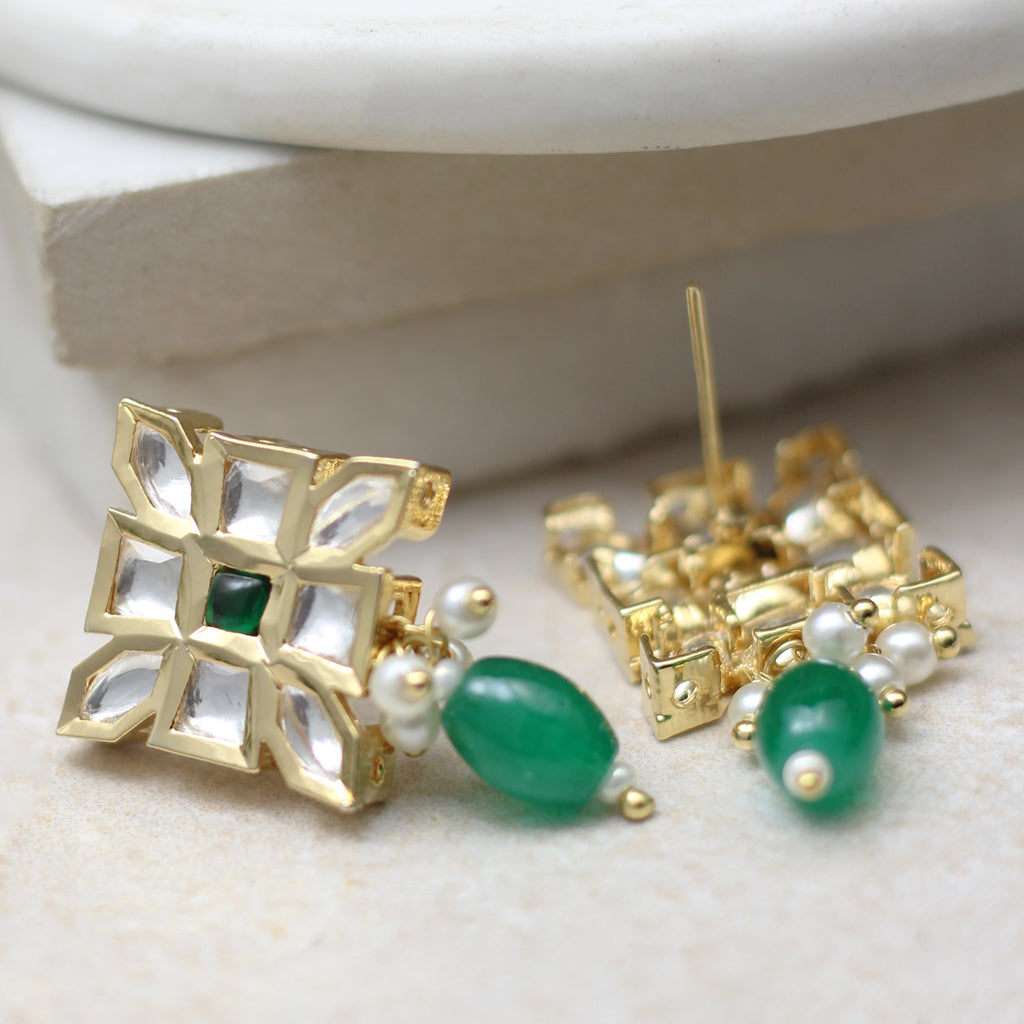 Green Kundan Square Stud Earring