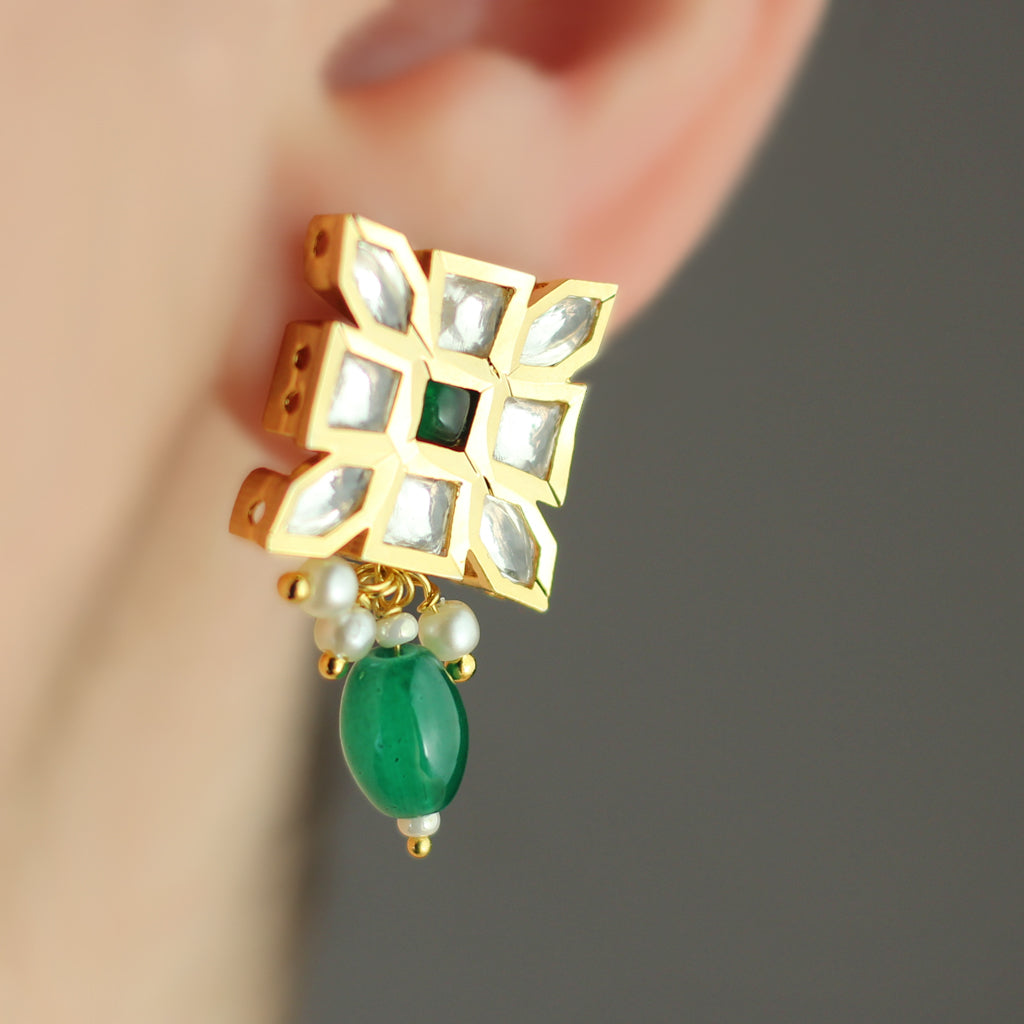 Green Kundan Square Stud Earring