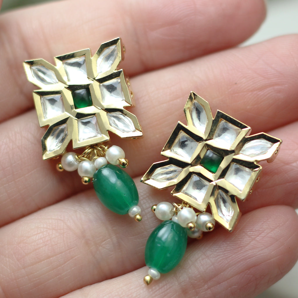 Green Kundan Square Stud Earring