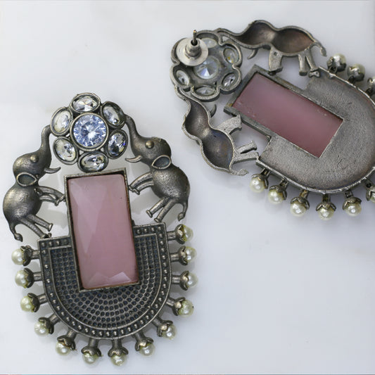 Pink Statement Elephant Oxidised Earring