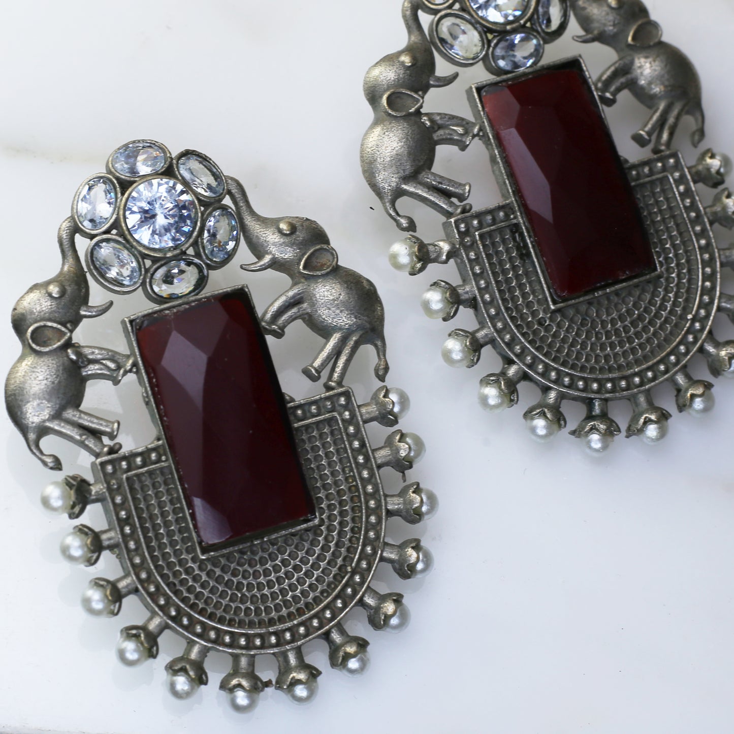 Maroon Statement Elephant Oxidised Earring