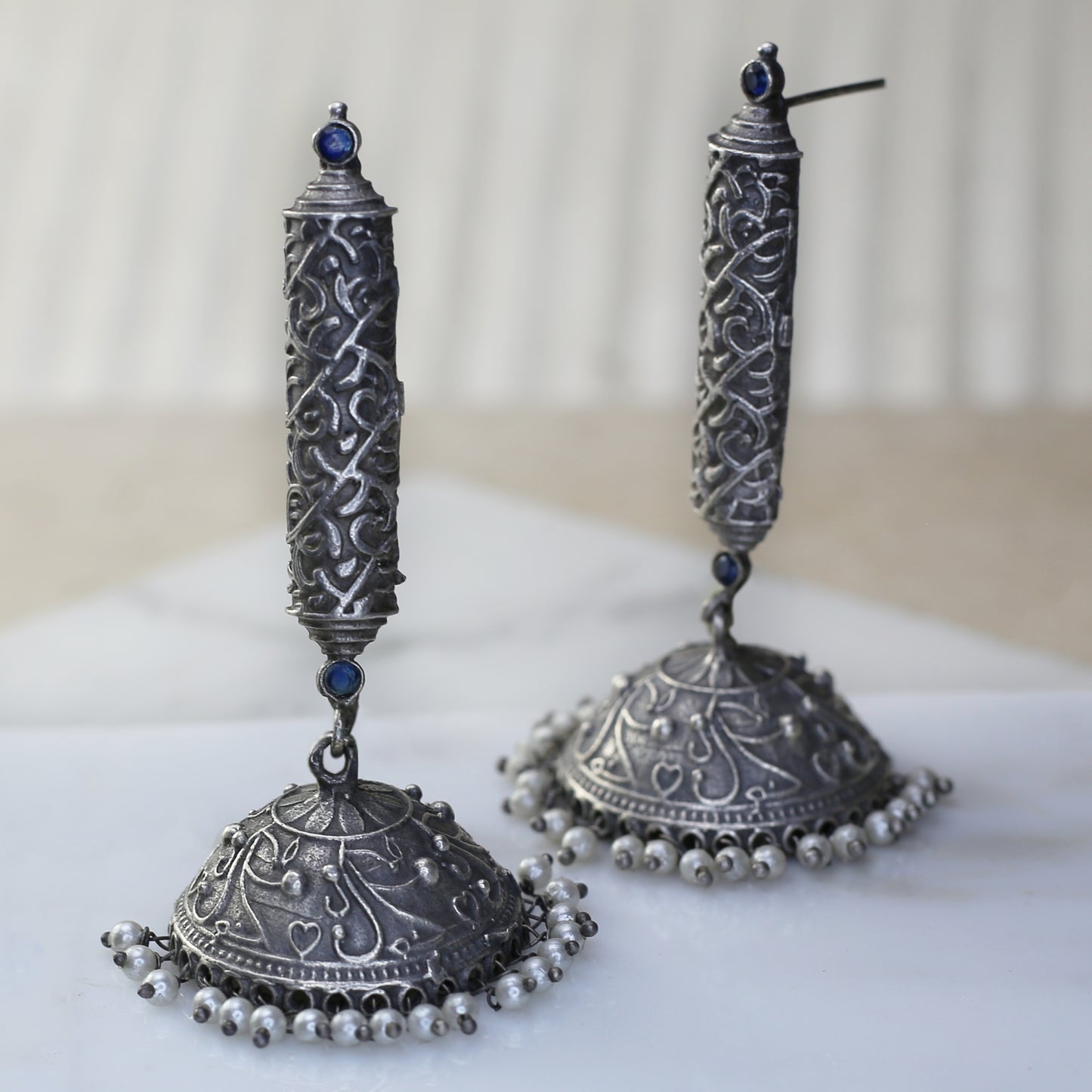 Blue Statement Long Oxidised Jhumke I Earring