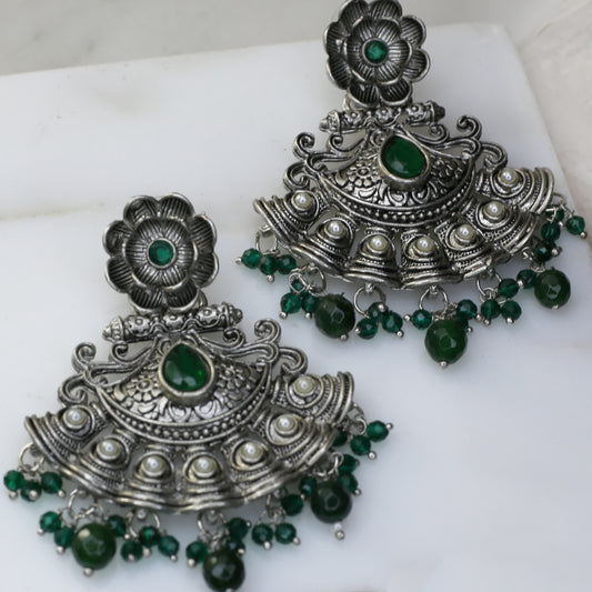 Green Flower Oxidised Earring