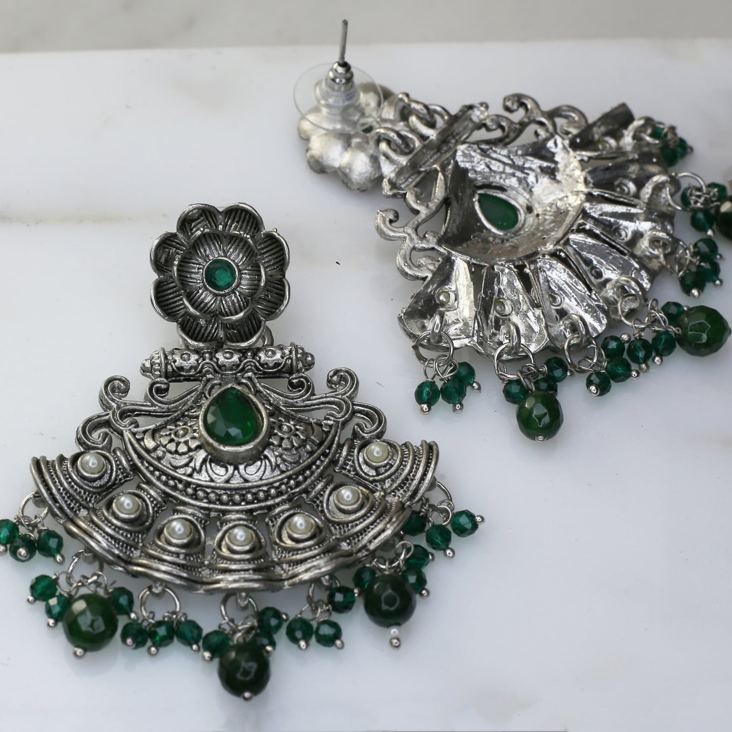 Green Flower Oxidised Earring