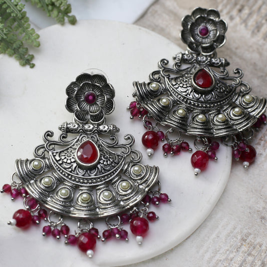 Ruby Flower Oxidised Earring