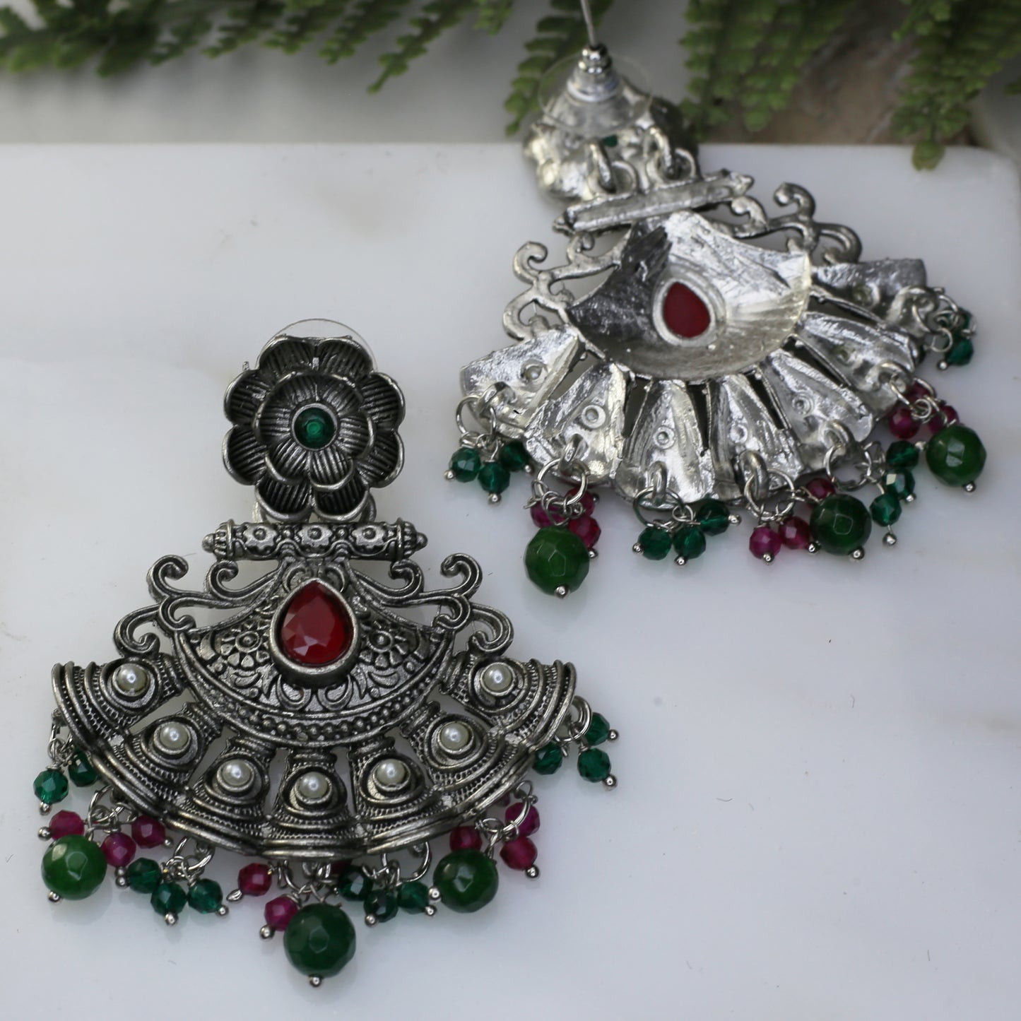 Ruby / Green Flower Oxidised Earring