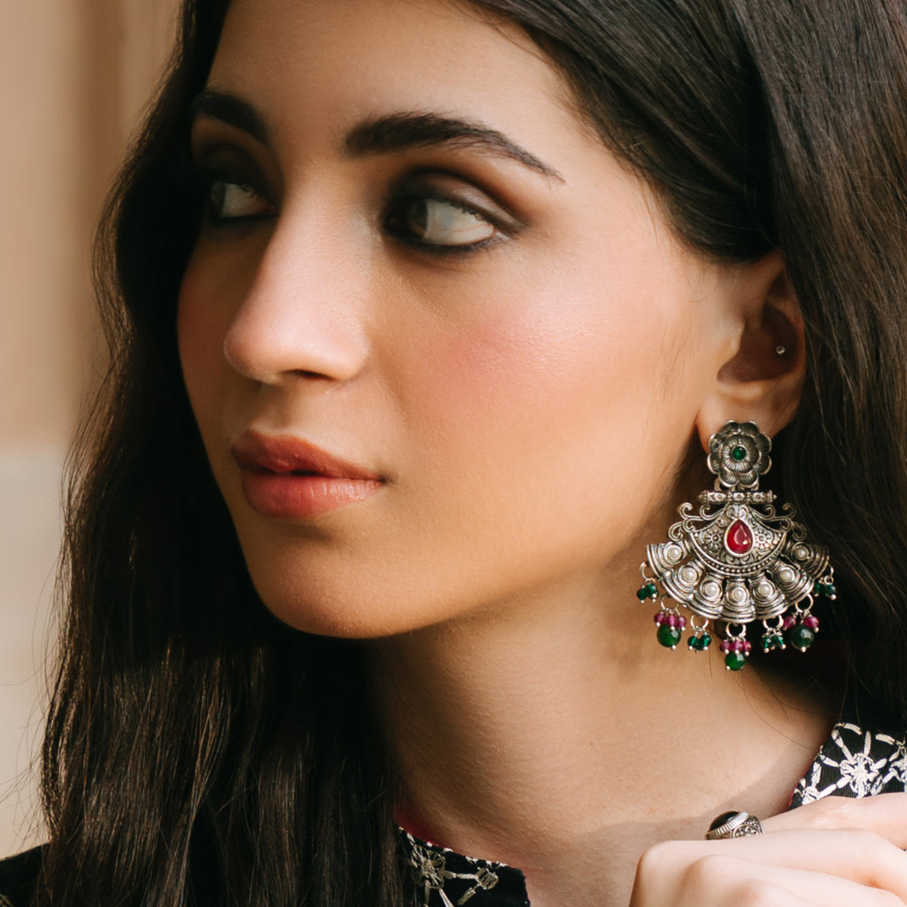 Green Flower Oxidised Earring