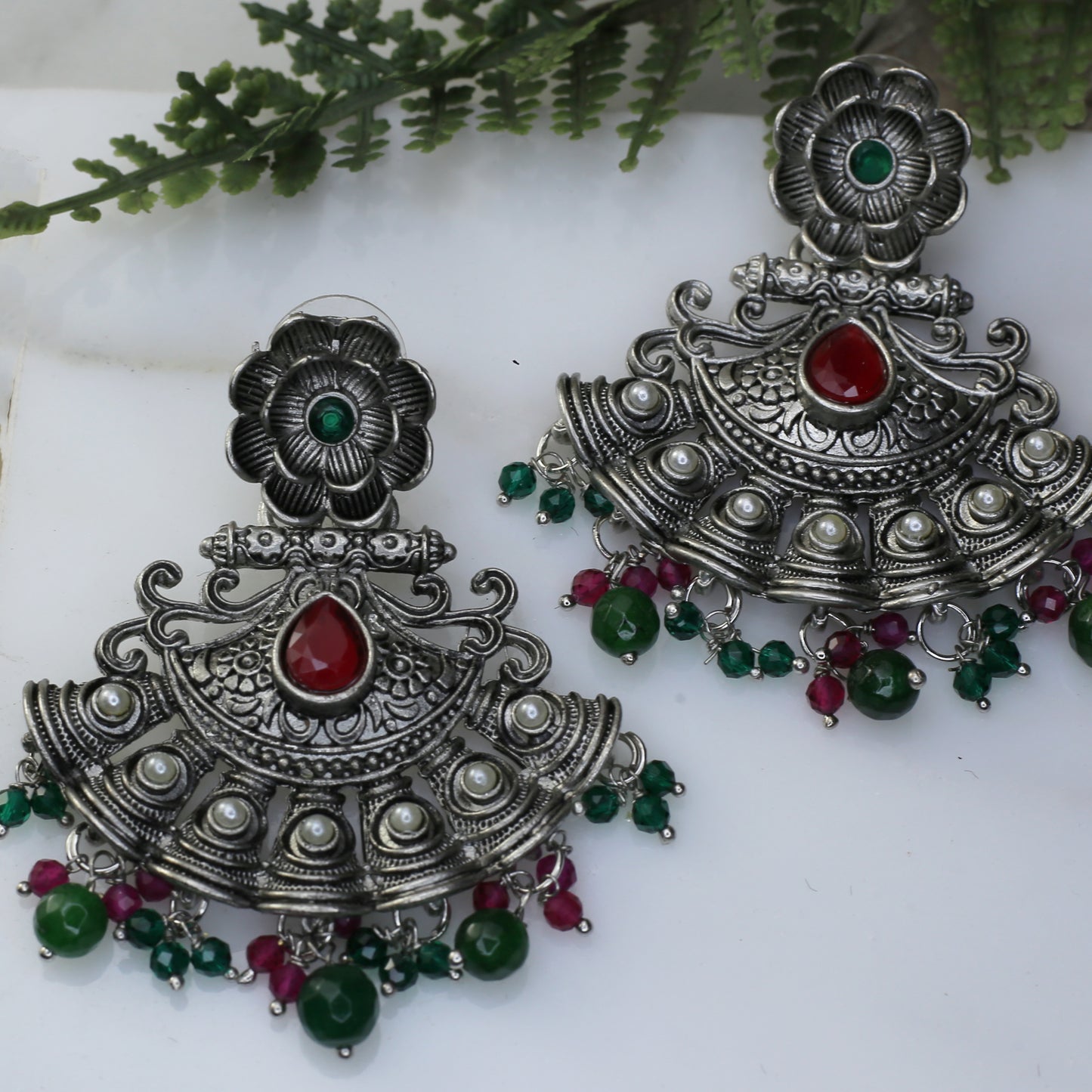 Ruby / Green Flower Oxidised Earring