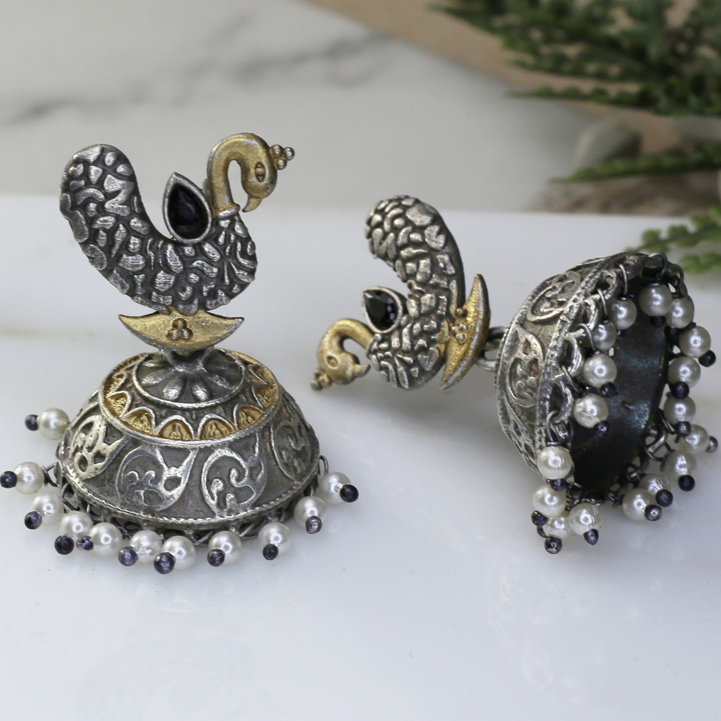 Black Peacock Oxidised Jhumke I Earring