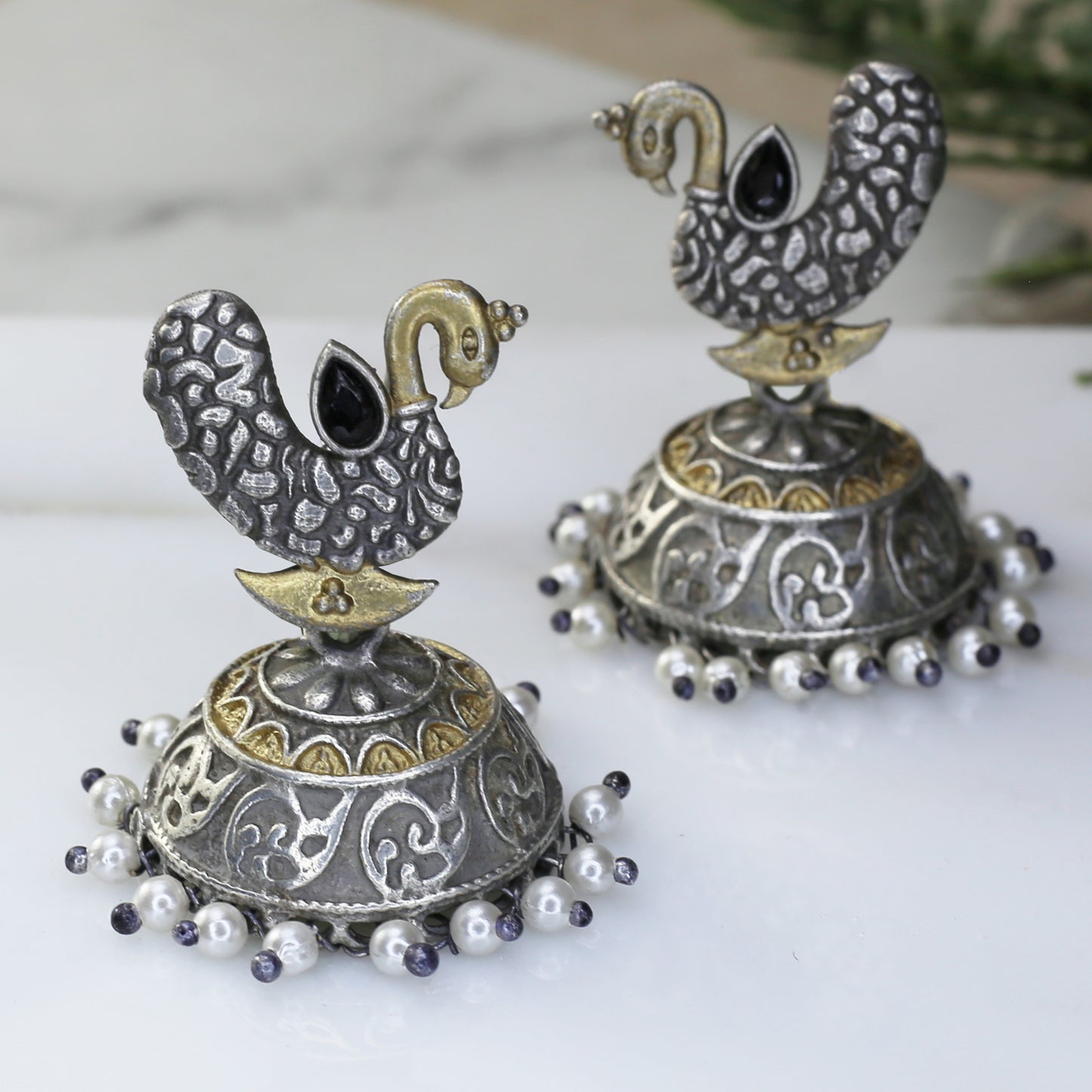 Black Peacock Oxidised Jhumke I Earring